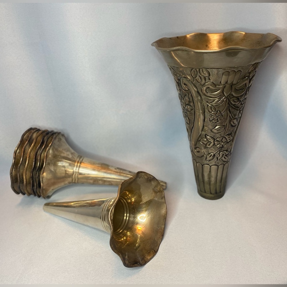 Silver Victorian bridal bouquet holder cone set 8 holders. Wedding set.
